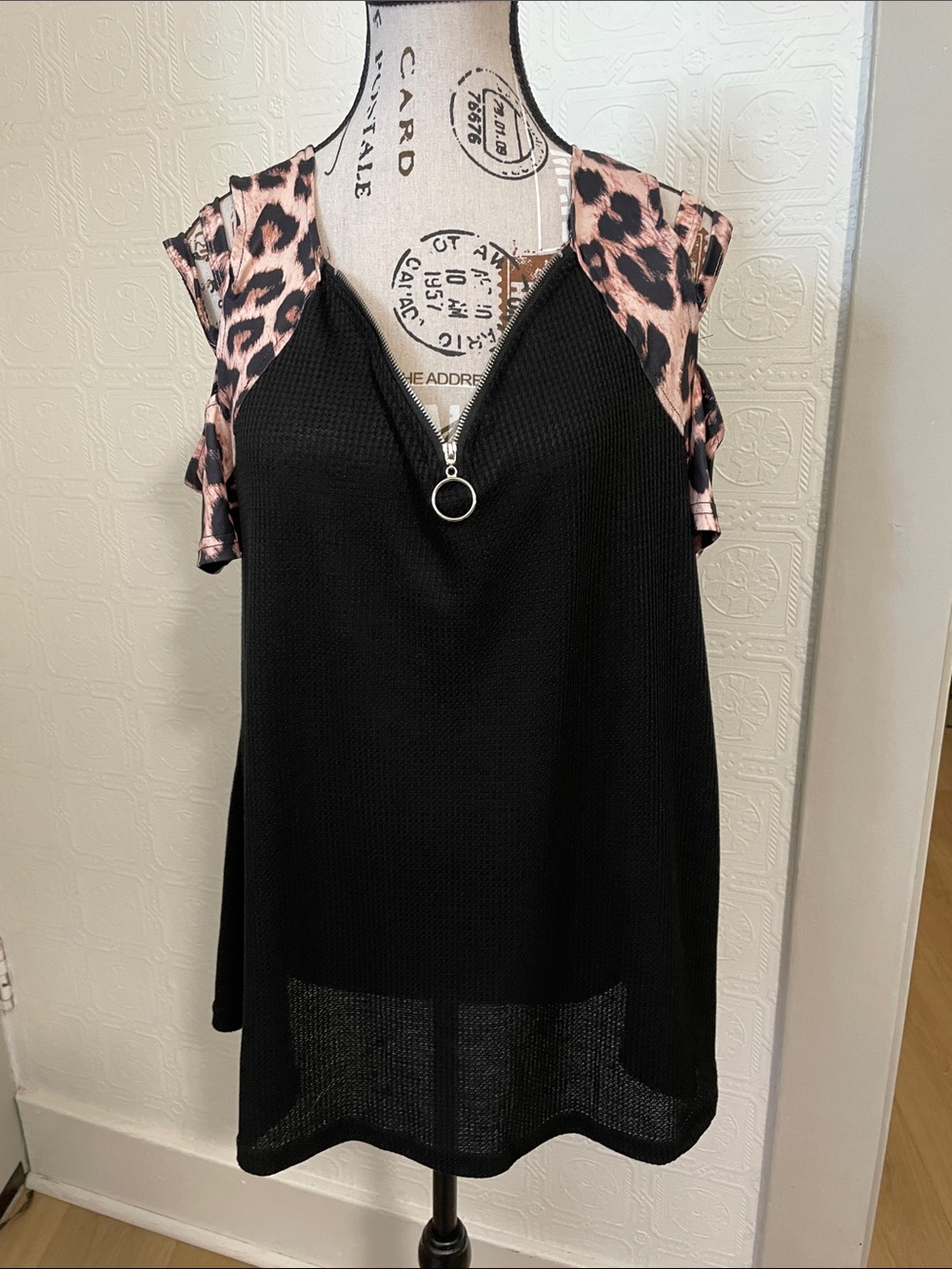 Black Knit Top with Pink Leopard Accent and Zip Ring